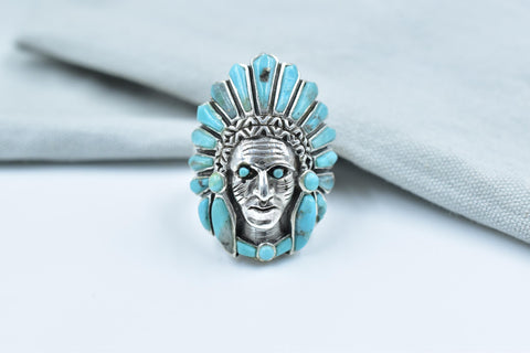 Turquoise Chief Head Ring: 925 Sterling Silver Adjustable Statement Ring
