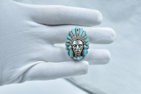 Turquoise Chief Head Ring: 925 Sterling Silver Adjustable Statement Ring