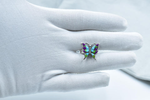 Handmade Aurora Opal & Sterling Silver Adjustable Butterfly Ring