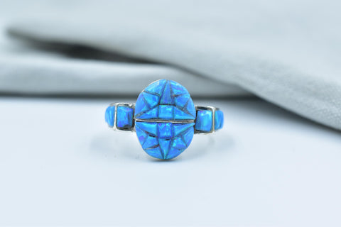 Handmade Blue Opal Sterling Silver Ring - Size 8