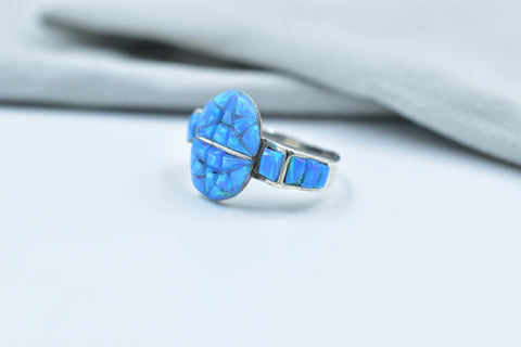 Handmade Blue Opal Sterling Silver Ring - Size 8