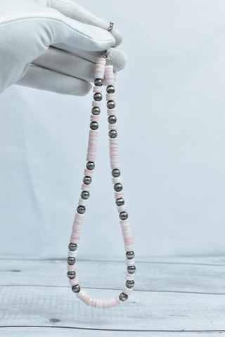 Handmade Pink Conch & Sterling Silver Pearl 8MM Beaded Necklace 18" Inch Long