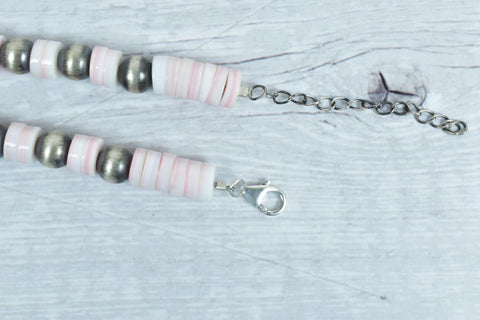 Handmade Pink Conch & Sterling Silver Pearl 8MM Beaded Necklace 18" Inch Long