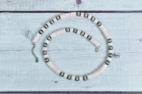 Handmade Pink Conch & Sterling Silver Pearl 8MM Beaded Necklace 18" Inch Long