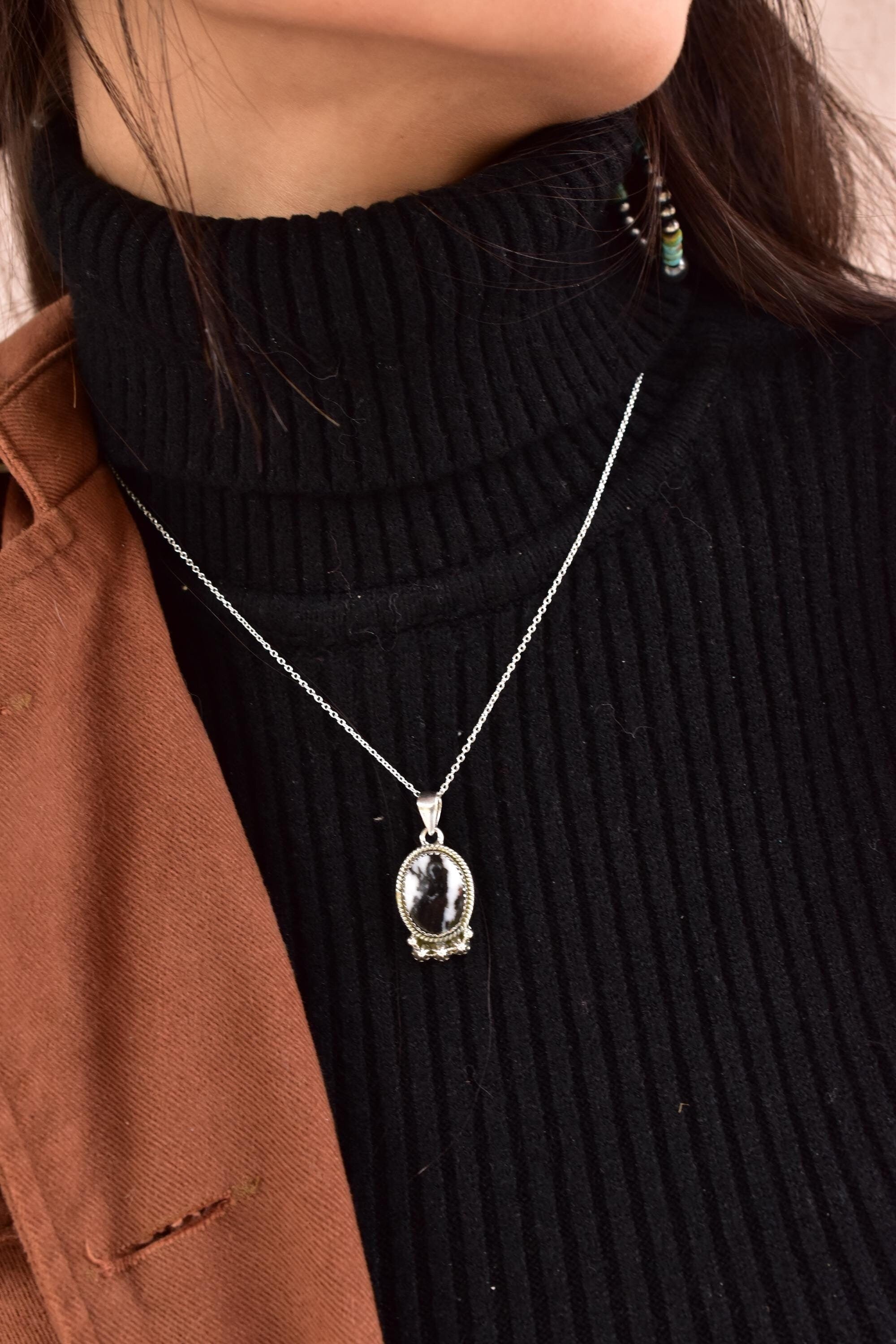 Handmade Zebra Jasper & Sterling Silver Pendant Necklace with 18 Inch Adjustable Chain