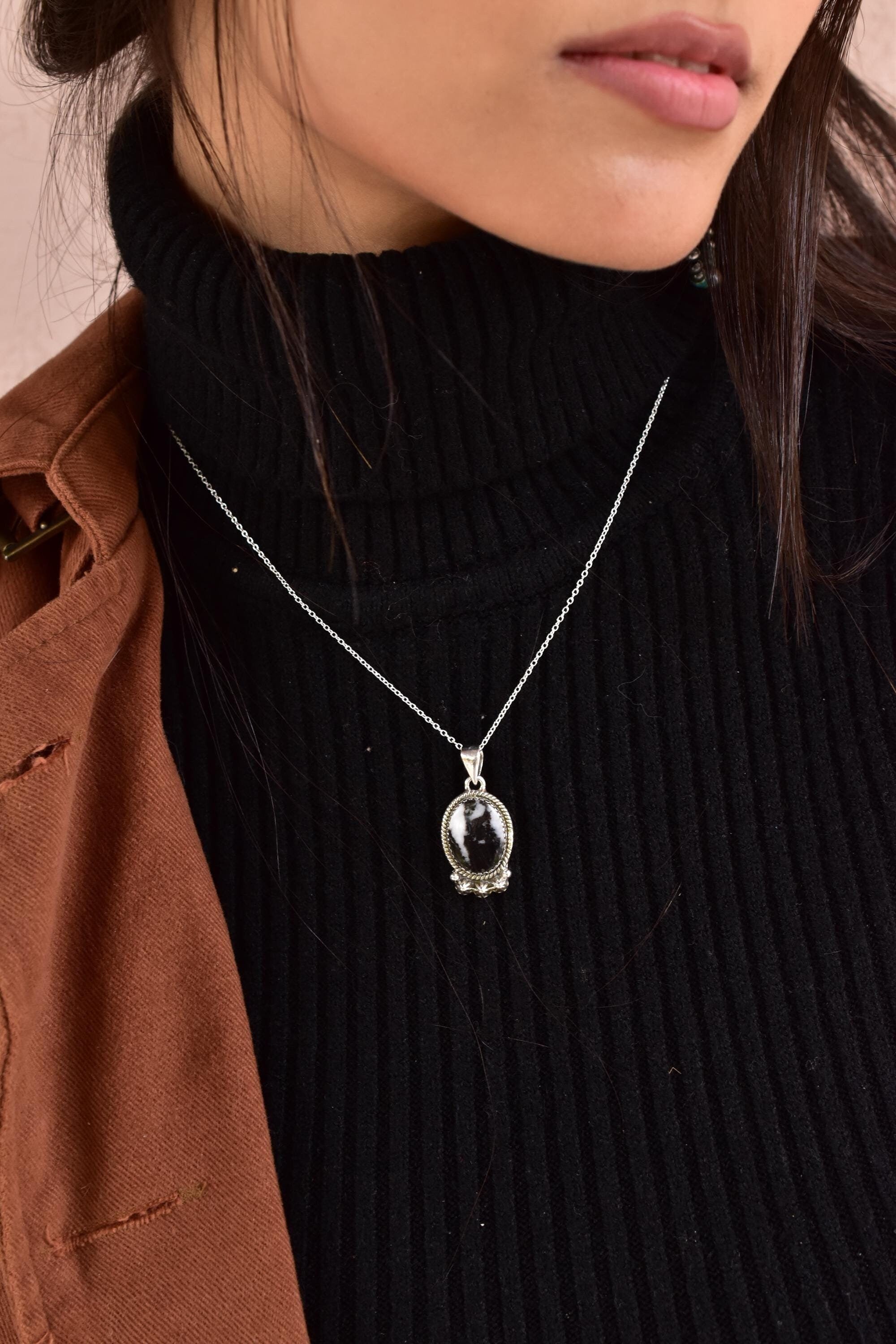 Handmade Zebra Jasper & Sterling Silver Pendant Necklace with 18 Inch Adjustable Chain