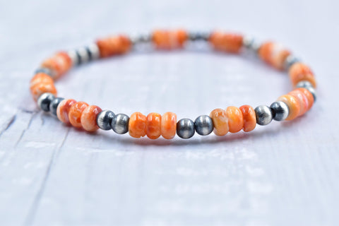 Handmade Sterling Silver Pearls & Orange Spiny Oyster Turquoise Stretch Bracelet