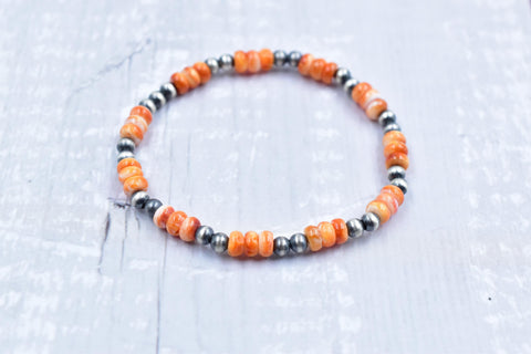 Handmade Sterling Silver Pearls & Orange Spiny Oyster Turquoise Stretch Bracelet