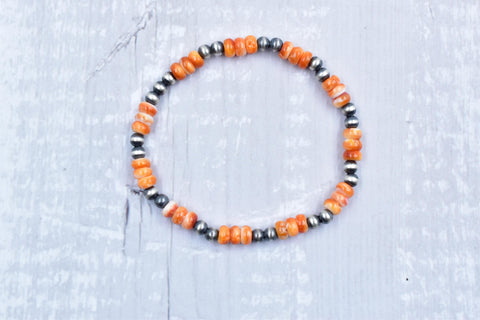 Handmade Sterling Silver Pearls & Orange Spiny Oyster Turquoise Stretch Bracelet