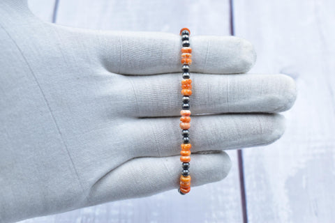 Handmade Sterling Silver Pearls & Orange Spiny Oyster Turquoise Stretch Bracelet
