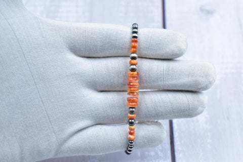 Handmade Sterling Silver Pearls & Orange Spiny Oyster Turquoise 5MM Stretch Bracelet