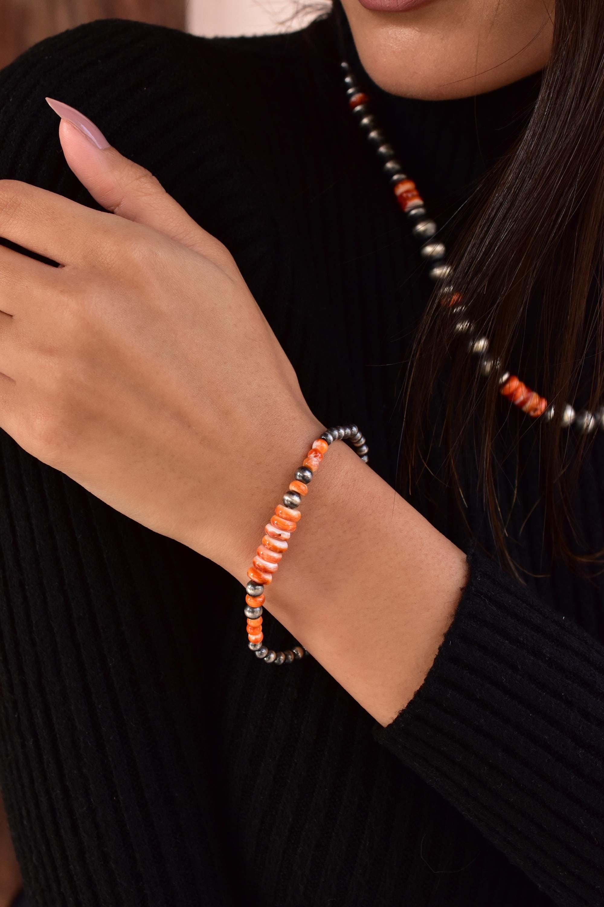 Handmade Sterling Silver Pearls & Orange Spiny Oyster Turquoise 5MM Stretch Bracelet