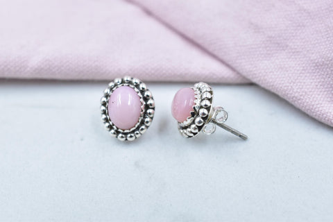Handmade Pink Opal & Sterling Silver Post Stud Earrings for Women