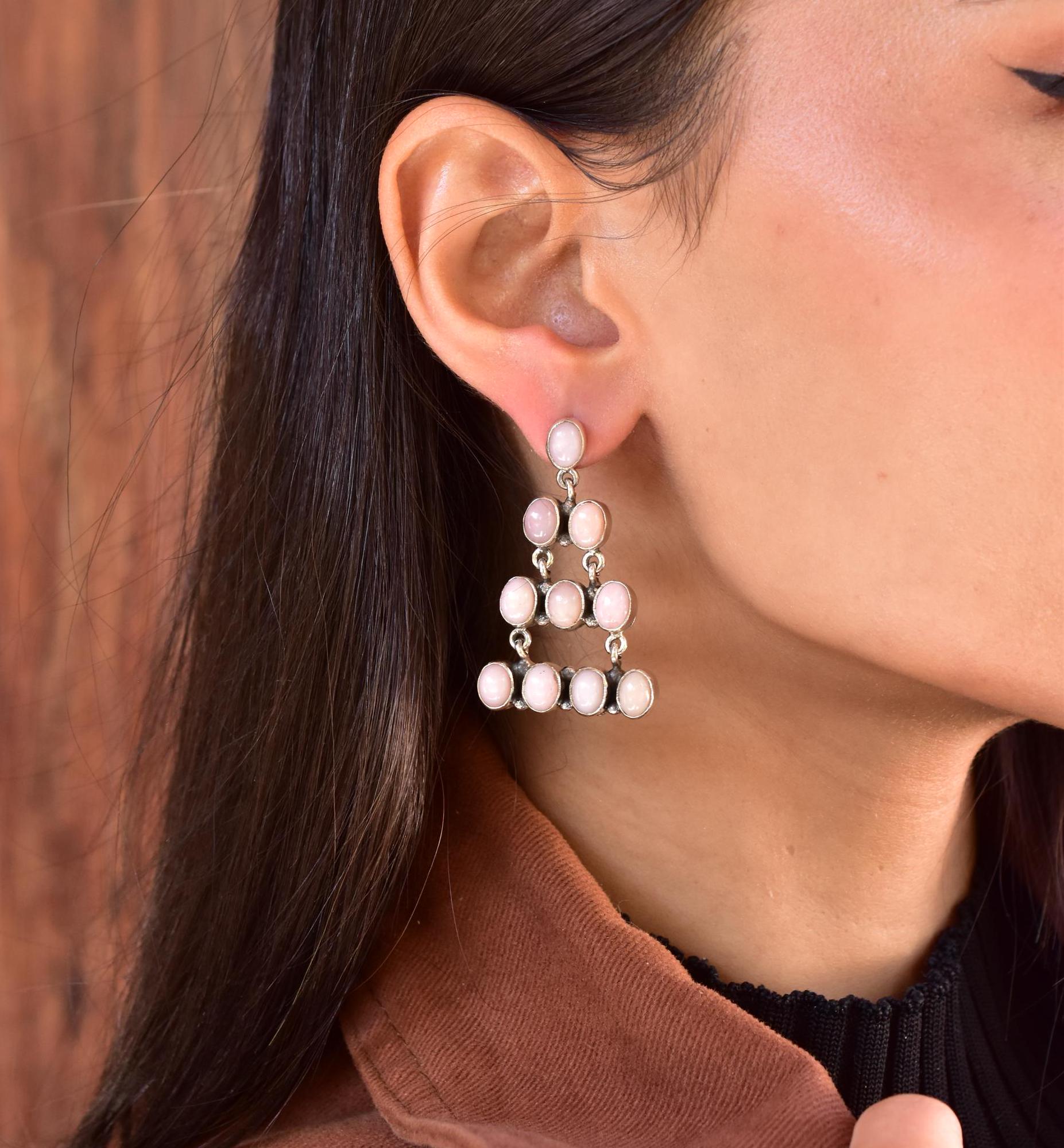 Handmade Pink Opal & Sterling Silver Post Dangle Drop Earrings for Women