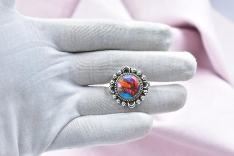 Handmade Pink Dahlia Turquoise Sterling Silver Ring, Adjustable Statement Ring