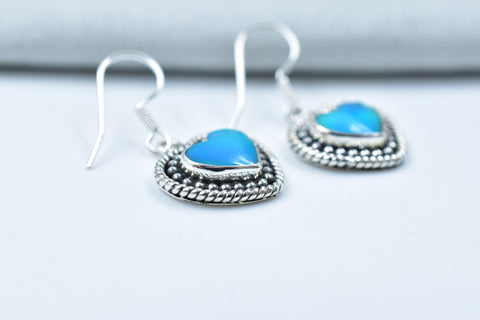 Handmade Aurora Opal & Sterling Silver Dangle Drop Heart Earrings for Women