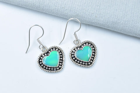 Handmade Aurora Opal & Sterling Silver Dangle Drop Heart Earrings for Women