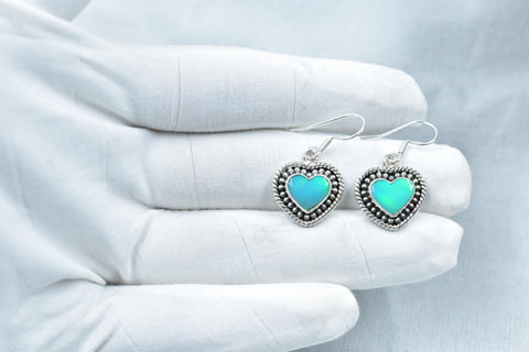 Handmade Aurora Opal & Sterling Silver Dangle Drop Heart Earrings for Women