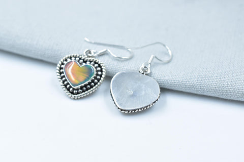 Handmade Aurora Opal & Sterling Silver Dangle Drop Heart Earrings for Women