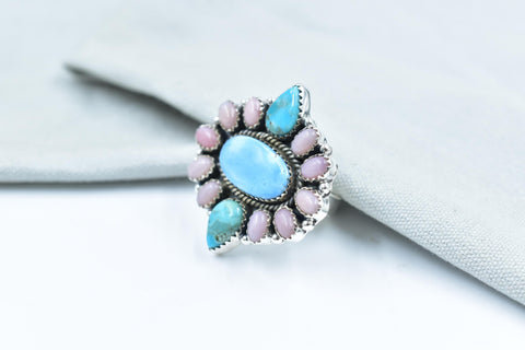 Handmade Turquoise & Pink Opal 925 Sterling Silver Ring