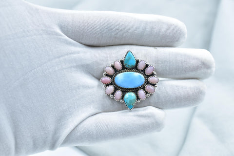 Handmade Turquoise & Pink Opal 925 Sterling Silver Ring