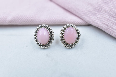 Handmade Pink Opal & Sterling Silver Post Stud Earrings for Women