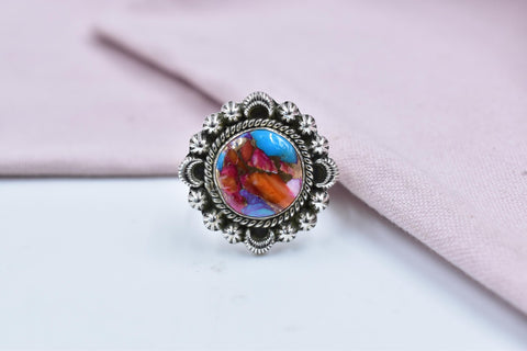 Handmade Pink Dahlia Turquoise Sterling Silver Ring, Adjustable Statement Ring