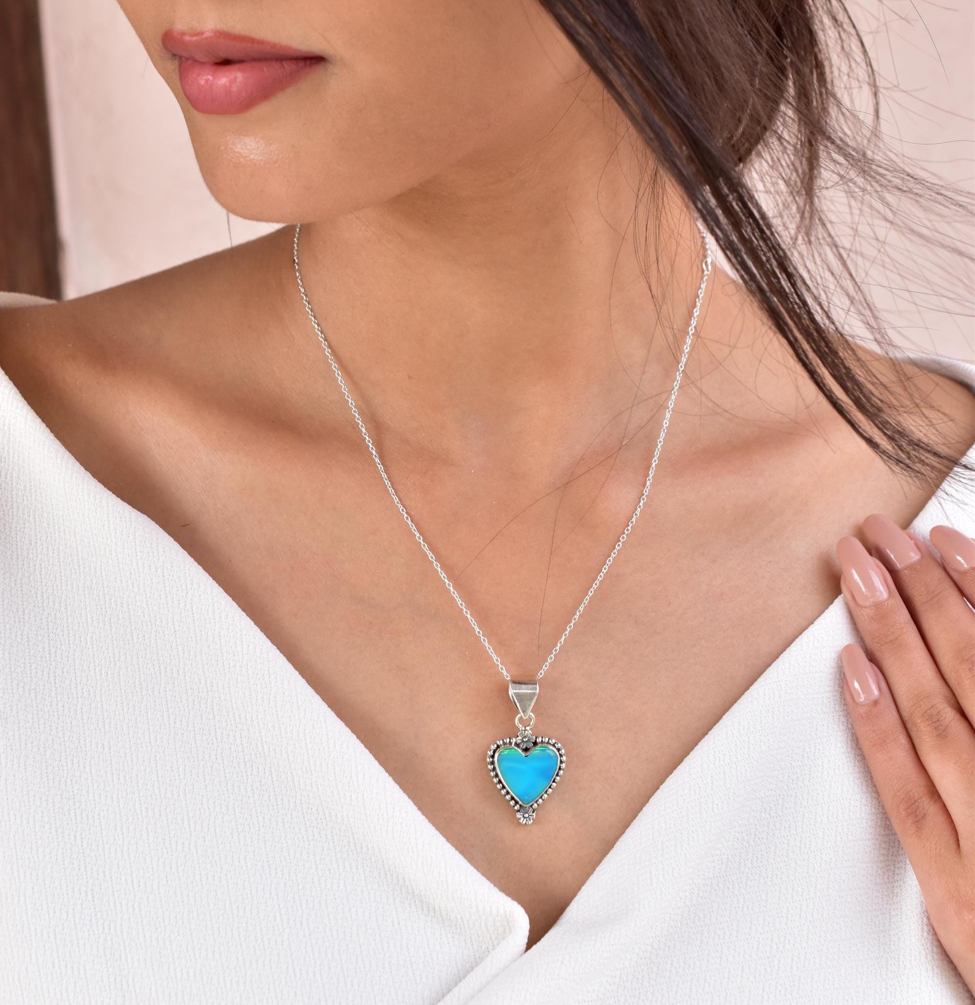 Handmade Aurora Opal & Sterling Silver Heart Pendant with 16 inch Adjustable Chain