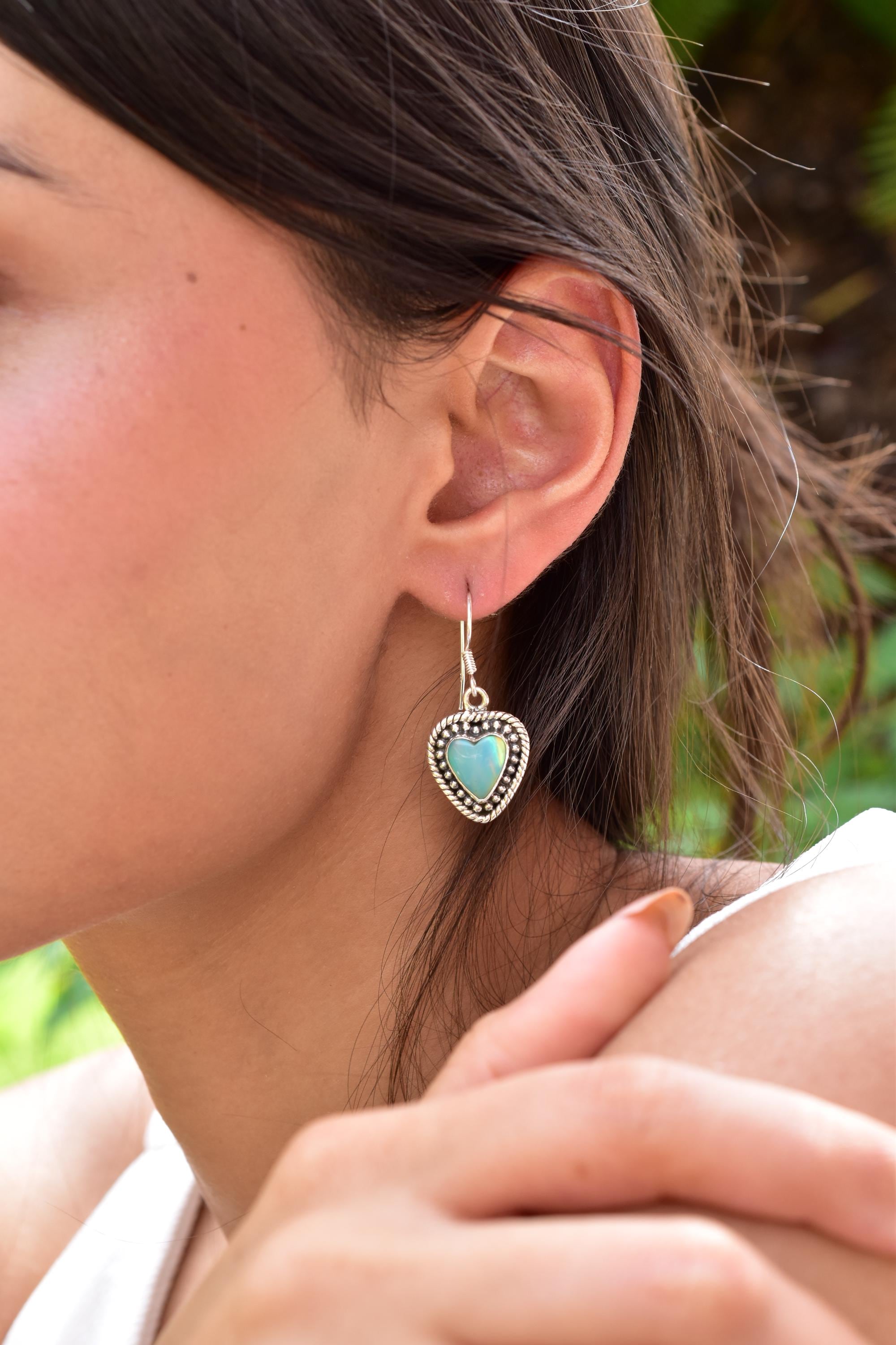 Handmade Aurora Opal & Sterling Silver Dangle Drop Heart Earrings for Women