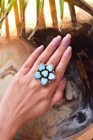 Handmade Sparkling Opal & Sterling Silver Adjustable Ring, Heart Statement Cluster Ring for Women