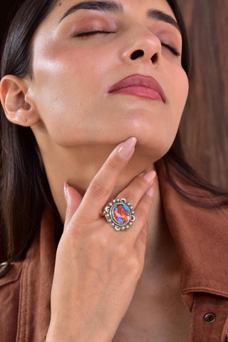 Handmade Pink Dahlia Turquoise Sterling Silver Ring, Adjustable Statement Ring