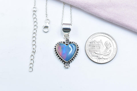 Handmade Aurora Opal & Sterling Silver Heart Pendant with 16 inch Adjustable Chain