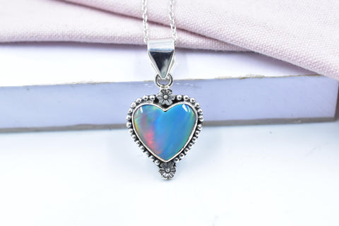 Handmade Aurora Opal & Sterling Silver Heart Pendant with 16 inch Adjustable Chain