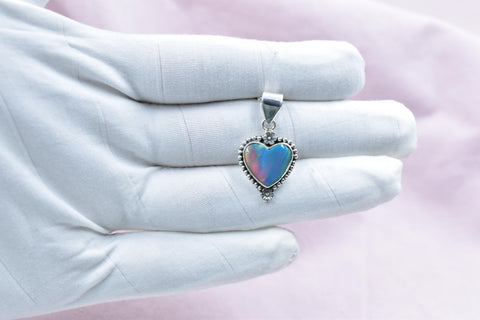Handmade Aurora Opal & Sterling Silver Heart Pendant with 16 inch Adjustable Chain
