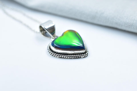 Handmade Aurora Opal & Sterling Silver Heart Pendant with 16 inch Adjustable Chain
