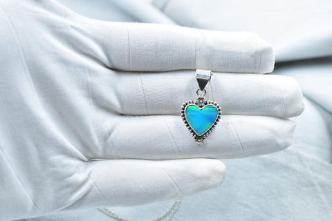 Handmade Aurora Opal & Sterling Silver Heart Pendant with 16 inch Adjustable Chain