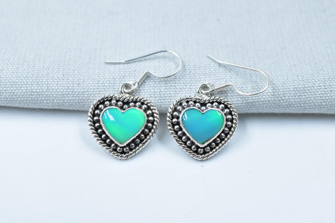 Handmade Aurora Opal & Sterling Silver Dangle Drop Heart Earrings for Women