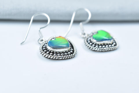 Handmade Aurora Opal & Sterling Silver Dangle Drop Heart Earrings for Women