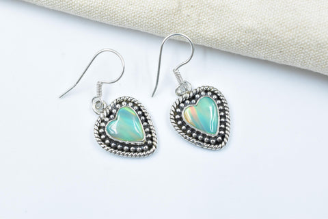 Handmade Aurora Opal & Sterling Silver Dangle Drop Heart Earrings for Women
