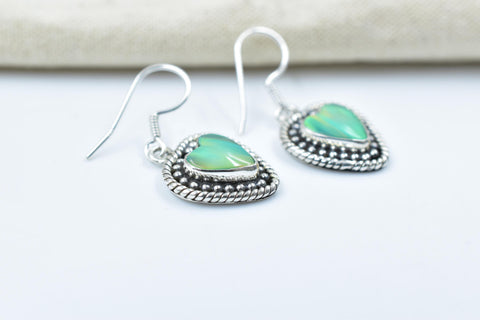 Handmade Aurora Opal & Sterling Silver Dangle Drop Heart Earrings for Women