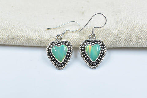 Handmade Aurora Opal & Sterling Silver Dangle Drop Heart Earrings for Women