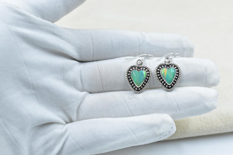 Handmade Aurora Opal & Sterling Silver Dangle Drop Heart Earrings for Women
