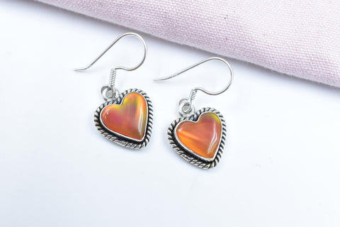 Handmade Aurora Opal & Sterling Silver Dangle Drop Heart Earrings for Women