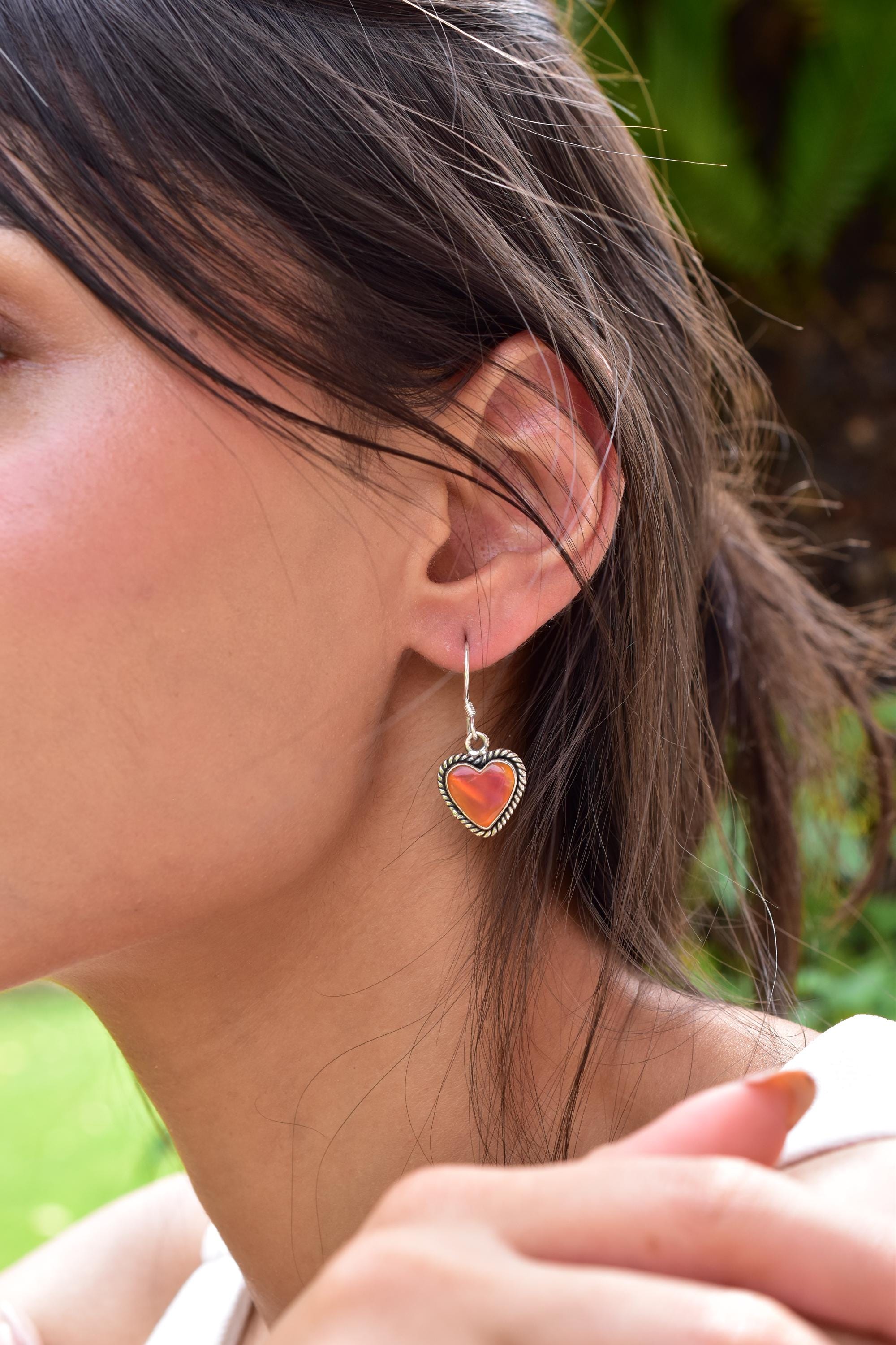 Handmade Aurora Opal & Sterling Silver Dangle Drop Heart Earrings for Women