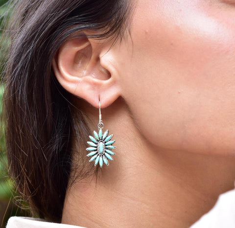 Handmade Turquoise & Sterling Silver Flower Dangle Drop Earrings