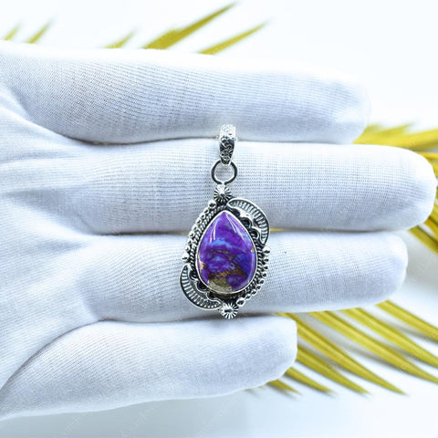 Handmade Purple Blue Turquoise & Sterling Silver Pendant with 16 inch Adjustable Chain
