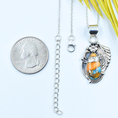Handmade Spiny Oyster Turquoise & Sterling Silver Pendant with 16 inch Adjustable Chain