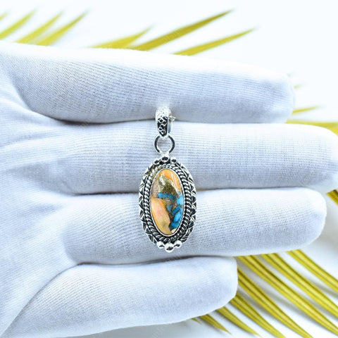 Handmade Spiny Oyster Turquoise & Sterling Silver Pendant with 16 inch Adjustable Chain
