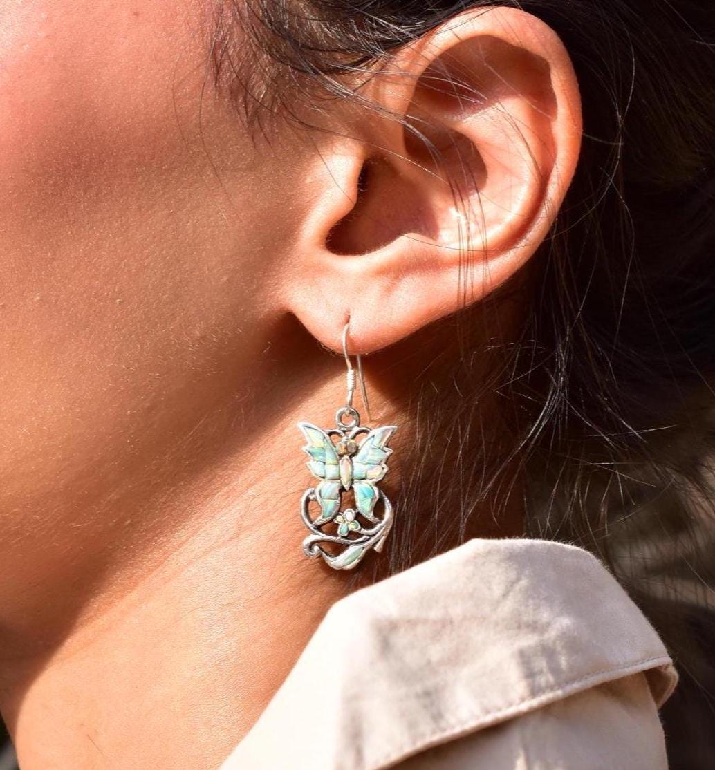 Handmade Aurora Opal & Sterling Silver Dangle Drop Earrings for Women