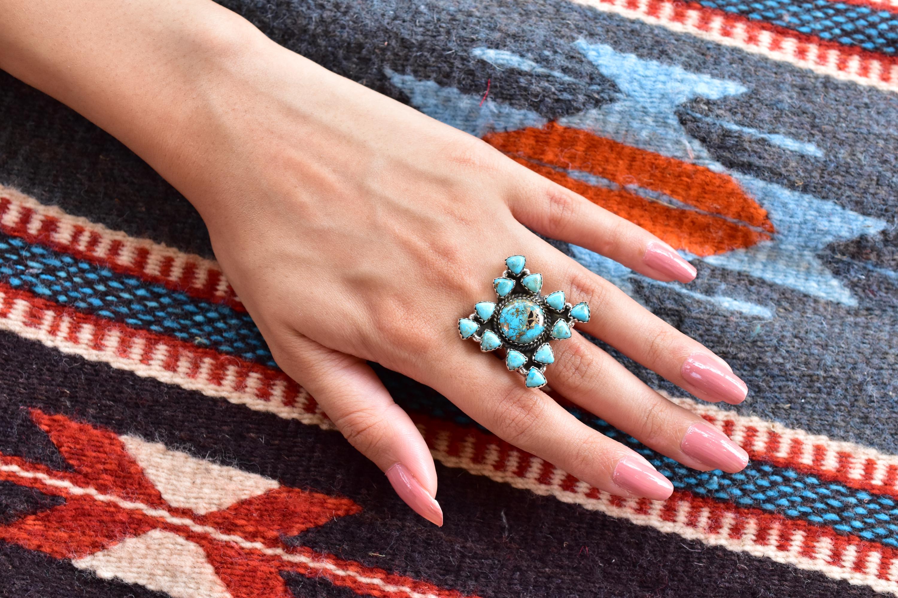 Handmade Blue Copper & Mojave Turquoise Sterling Silver Adjustable Ring